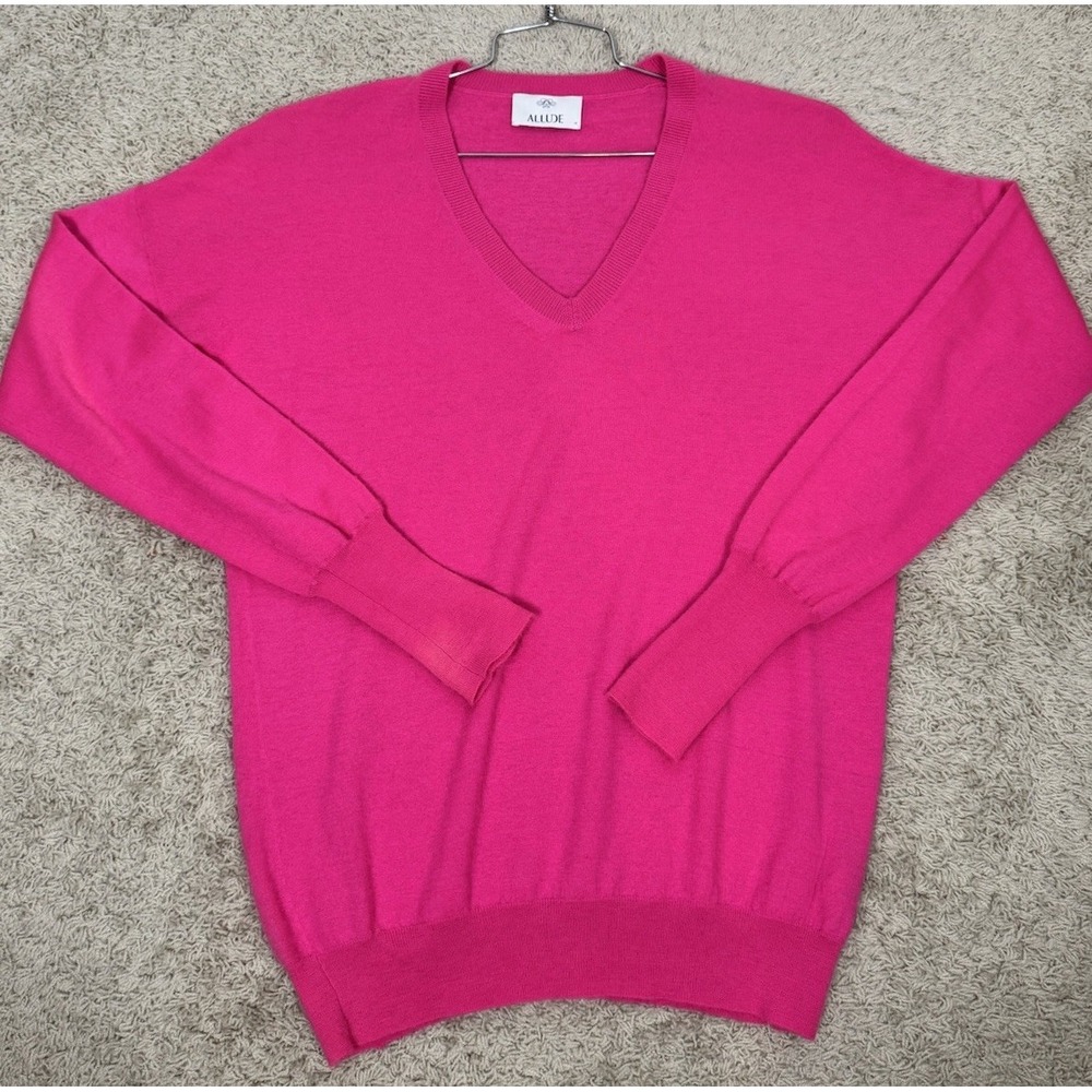 Allude Women's Cashmere V-Neck Long Sleeve Pullover Sweater Size L Hot Pink Cozy
